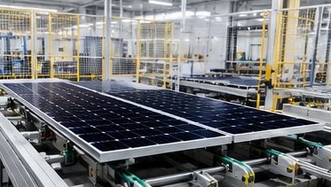 Solar module manufacturing line moving finished panels along a conveyor
