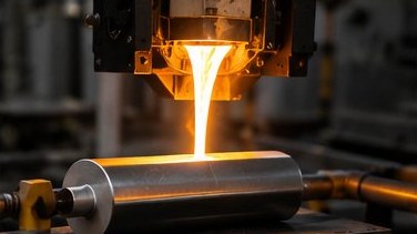 Molten silicon being poured during ingot manufacturing