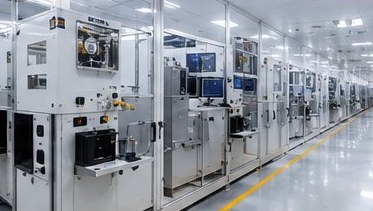 Technician in cleanroom suit inspecting a wafer