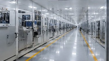 Long cleanroom production corridor with equipment on both sides