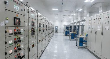 Electrical switchgear room with rows of panels