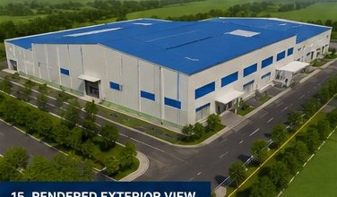 Rendered exterior view of a new greenfield manufacturing facility