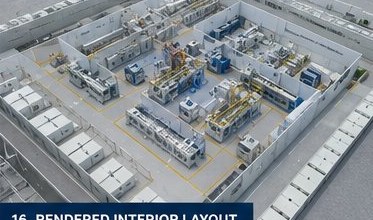Rendered interior layout of a manufacturing facility