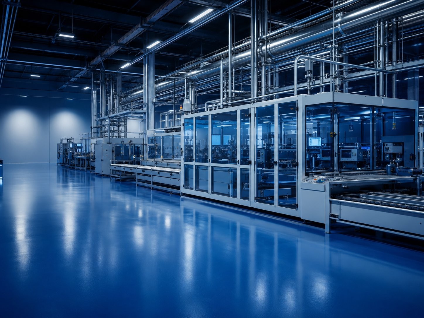 Wide view of cleanroom production equipment with reflective floor