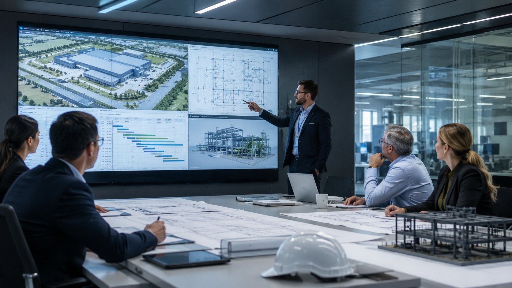Engineering team reviewing a facility BIM model, floor plan and project schedule on a large screen