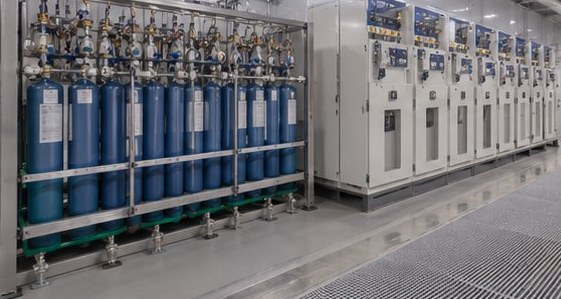 Bank of specialty gas cylinders with manifold piping