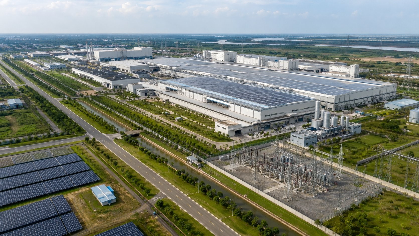 Aerial view of a large-scale solar manufacturing campus with rooftop solar, substation and access roads