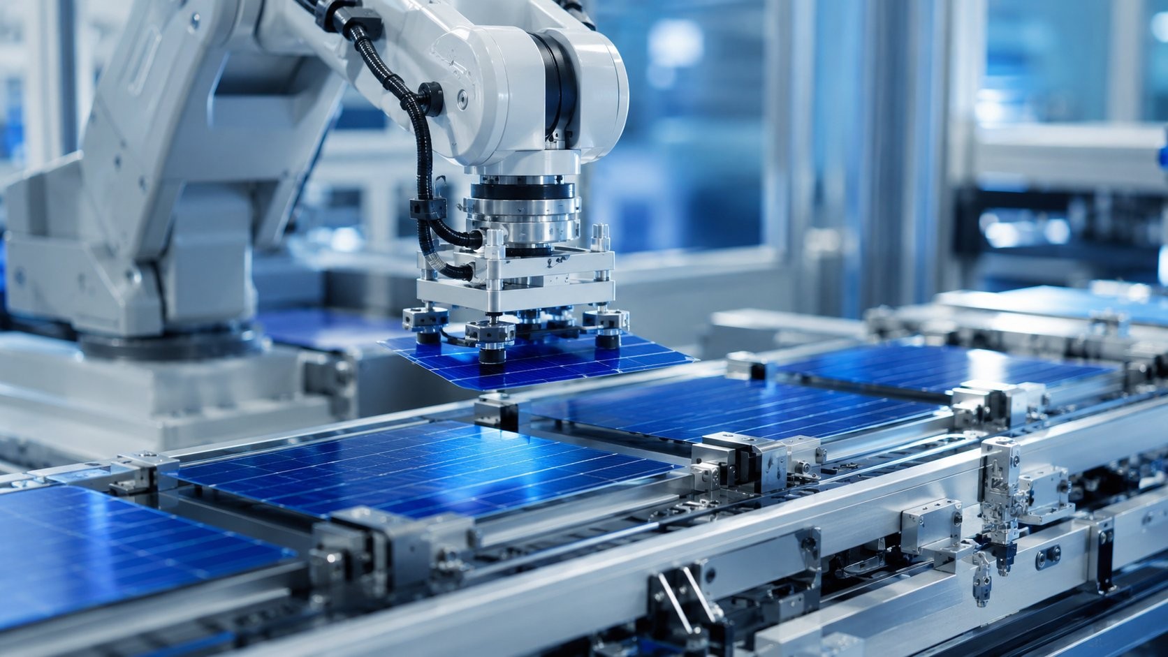 Robotic arm handling a solar cell on a production line