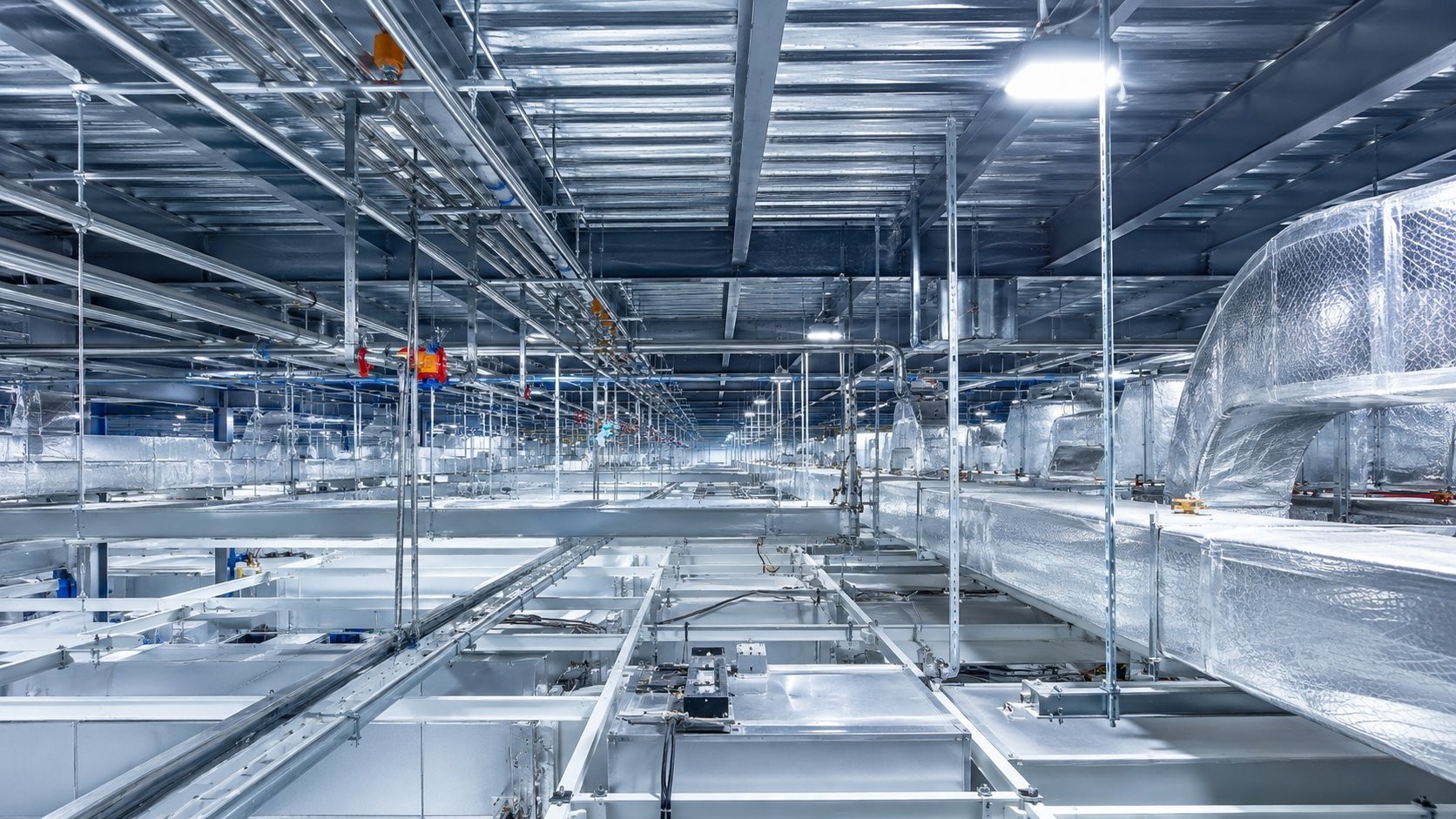 Underfloor utility ducting and service routing inside a manufacturing facility